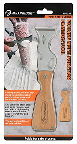 ROLLINGDOG Paint Scraper-Folding Painters Tool 9-in-1 Beech Wooden Handle Includes Paint Roller Cleaner, Nail Puller, Putty Knife Scraper, Hammer End