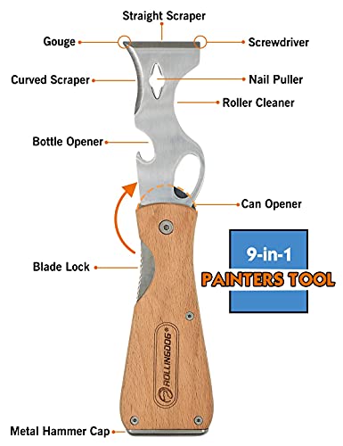ROLLINGDOG Paint Scraper-Folding Painters Tool 9-in-1 Beech Wooden Handle Includes Paint Roller Cleaner, Nail Puller, Putty Knife Scraper, Hammer End