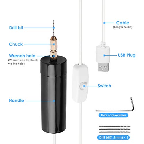 Portable Mini Electric Hand Drills, Micro USB Handheld Drill with 3pc Bits DC 5V and 1 Pc Wrench for Crafts like Resin Plastic Wood Polymer Clay DIY Jewelry Keychain & Pendant Making Supplies