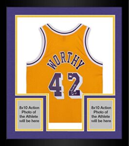 framed james worthy los angeles lakers autographed mitchell and ness gold 1984-1985 swingman jersey with "hof 03" inscription - autographed nba jerseys