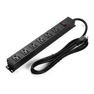 6 outlets metal power strip, wall mount heavy duty power outlet with switch, aluminum alloy house, 14awg power cord, 15a 125v 1875w, black (6 ft)