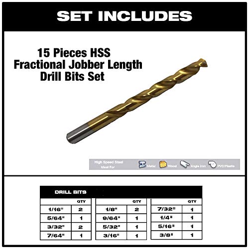 SVY 15 Pieces High Speed Steel Drill Bits Set, 135 Degree Split Point Geometry M-2 High Speed Steel Drill Bits Set for Metal, Wood, Angle Iron, PVC, Plastic, Suitable for Working Pants