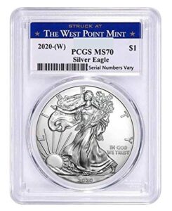 2020 no mint mark silver eagle minted westpoint mint ms-70 by pcgs $1 pcgs ms-70