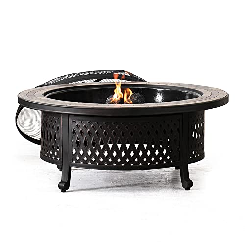 Sunjoy 40 in. Fire Pit for Outside, Patio Outdoor Round Wood Burning Firepit Table with Mesh Spark Screen and Fire Poker