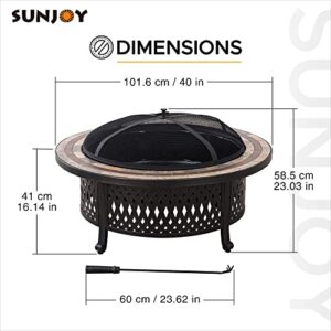 Sunjoy 40 in. Fire Pit for Outside, Patio Outdoor Round Wood Burning Firepit Table with Mesh Spark Screen and Fire Poker