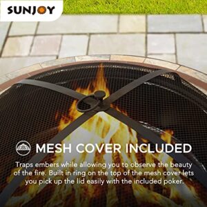 Sunjoy 40 in. Fire Pit for Outside, Patio Outdoor Round Wood Burning Firepit Table with Mesh Spark Screen and Fire Poker