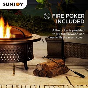 Sunjoy 40 in. Fire Pit for Outside, Patio Outdoor Round Wood Burning Firepit Table with Mesh Spark Screen and Fire Poker