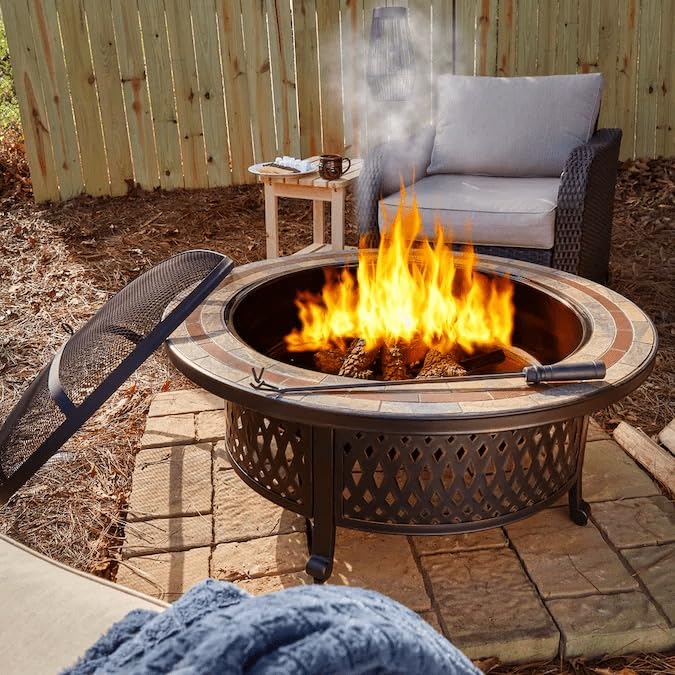 Sunjoy 40 in. Fire Pit for Outside, Patio Outdoor Round Wood Burning Firepit Table with Mesh Spark Screen and Fire Poker