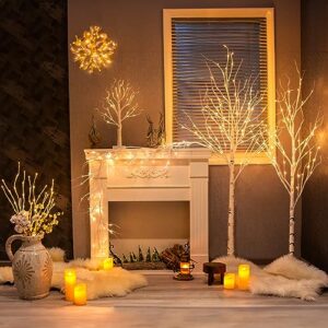 Vanthylit 3PK 30'' Lighted Birch Twig Branches with 60 LED Warm White Bulbs Waterproof Adapter in for Outdoor and Indoor Decor