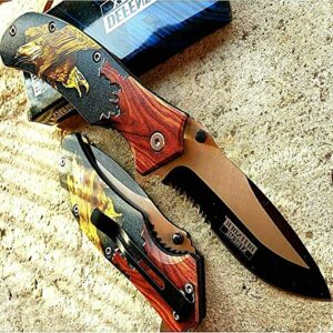 8.5" spring assisted pocket knife for men blade eagle wood handle with ultra sharp blade premium tactical folding knife survival hunting camping knives