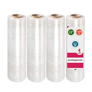 packagezoom 4 rolls 15" x 1500 ft stretch wrap heavy duty, 55 gauge high performance stretch film replaces 80 gauge low films, clear hand stretch wrap
