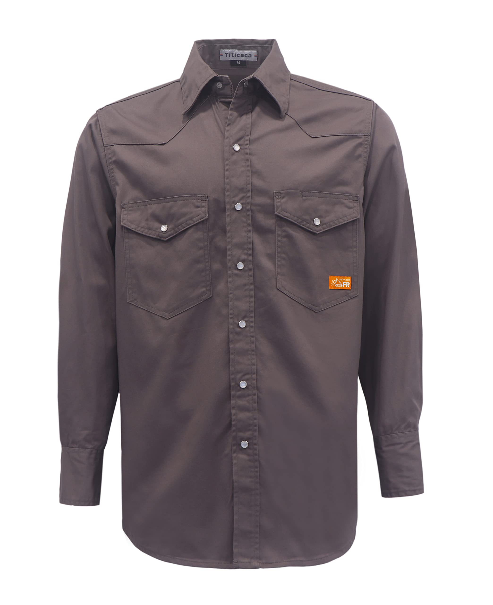 Titicaca FR Shirt for Men Pearl Snaps Flame Resistant 100% C 7.5oz Gray Welding Shirt