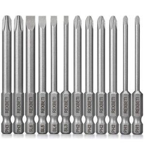 rexbeti 12 piece slotted phillips screwdriver bit set, 1/4 inch hex shank s2 steel magnetic 3 inch long drill bits (slotted set)