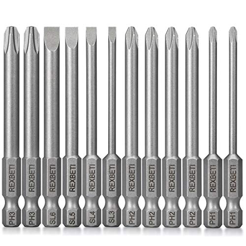 REXBETI 12 Piece Slotted Phillips Screwdriver Bit Set, 1/4 Inch Hex Shank S2 Steel Magnetic 3 Inch Long Drill Bits (Slotted Set)