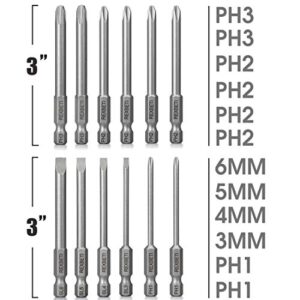 REXBETI 12 Piece Slotted Phillips Screwdriver Bit Set, 1/4 Inch Hex Shank S2 Steel Magnetic 3 Inch Long Drill Bits (Slotted Set)