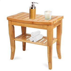 hossejoy bamboo shower bench seat wood spa bath luxury organizer stool shower chair with storage shelf, perfect for indoor or outdoor (19''x10.2''x17.7'')