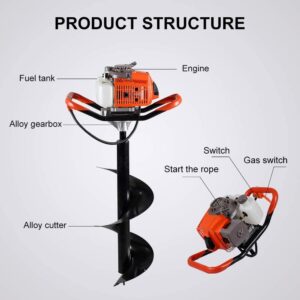 DC HOUSE 63CC Gas Powered Auger Post Hole Digger with 3 Earth Auger Drill Bits (6"&10"&12") One Man Operator Engine and Drill Bits | Multi-Package Shipping