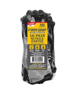 firm grip nitrile coated tough working gloves: black, large size (10 pairs)