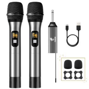 tonor wireless microphone, uhf dual cordless metal dynamic mic system with rechargeable receiver, for karaoke singing, wedding, dj, party, speech, church, class use, 200ft (tw630), gray