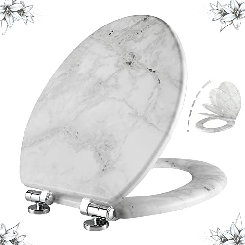 Angel Shield Marble Toilet Seat Durable Molded Wood with Quiet Close,Easy Clean Quick-Release Hinges (Elongated,Gray Marble)