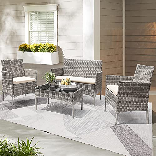 Furniwell Patio Outdoor Furniture Set 4 Pieces Porch Wicker Chairs Sets Rattan Balcony Sofa Conversation Set for Backyard Lawn Pool(Grey and Beige)