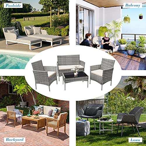 Furniwell Patio Outdoor Furniture Set 4 Pieces Porch Wicker Chairs Sets Rattan Balcony Sofa Conversation Set for Backyard Lawn Pool(Grey and Beige)