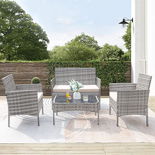 Furniwell Patio Outdoor Furniture Set 4 Pieces Porch Wicker Chairs Sets Rattan Balcony Sofa Conversation Set for Backyard Lawn Pool(Grey and Beige)