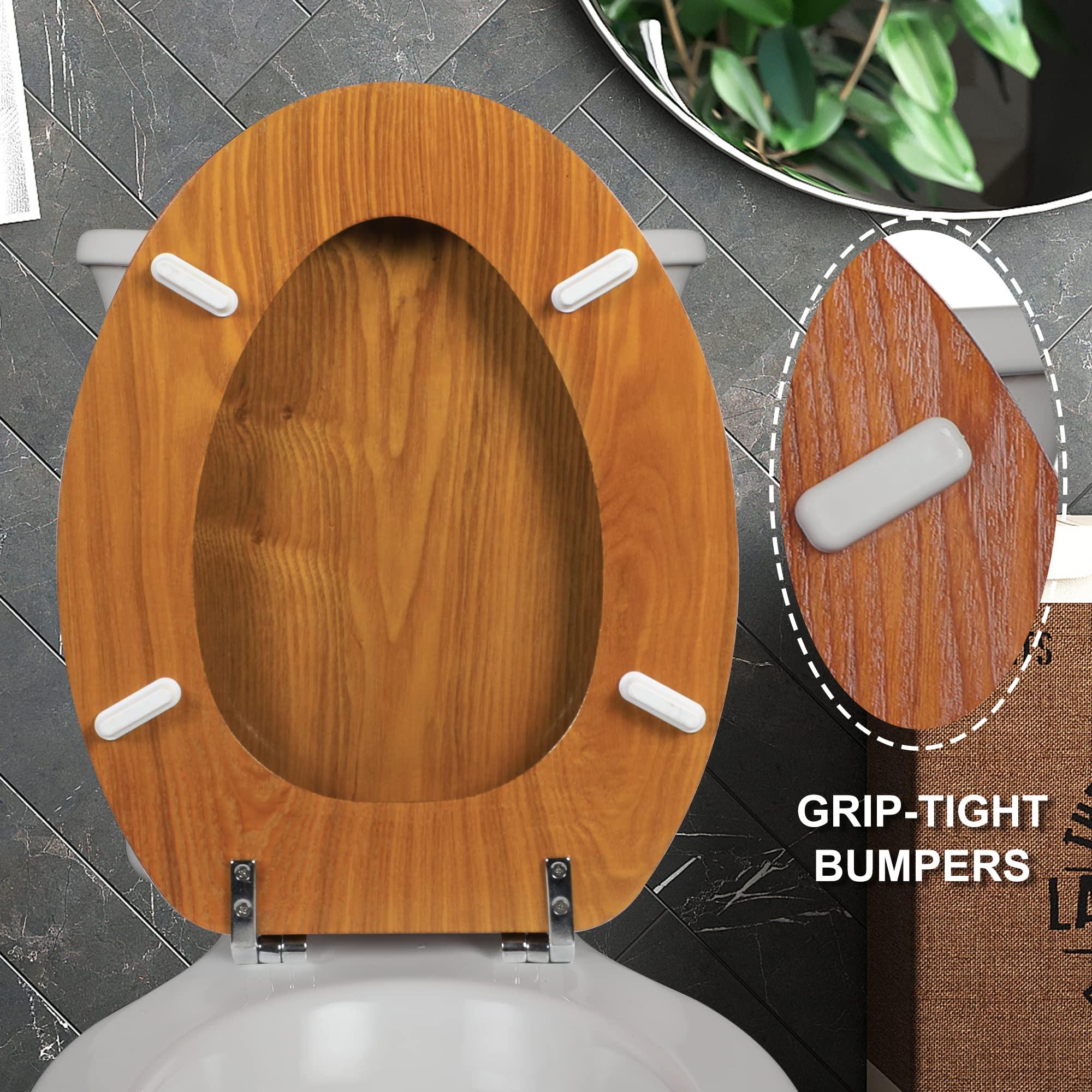 Angel Shield Durable Wood Veneer Natural Toilet Seat Metal Hinged Easy Clean Anti-scratch American Standard(Elongated,Wood Color)