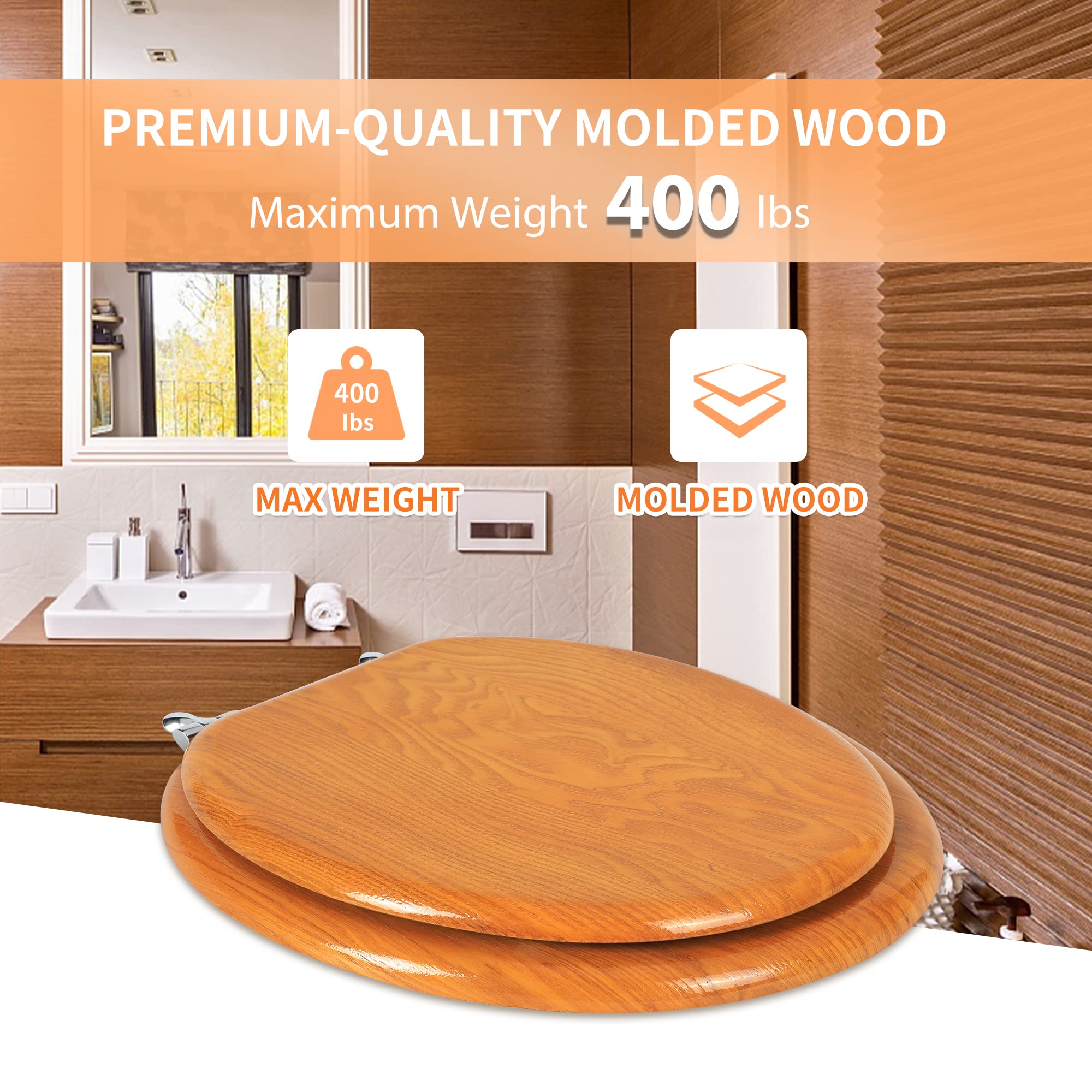 Angel Shield Durable Wood Veneer Natural Toilet Seat Metal Hinged Easy Clean Anti-scratch American Standard(Elongated,Wood Color)
