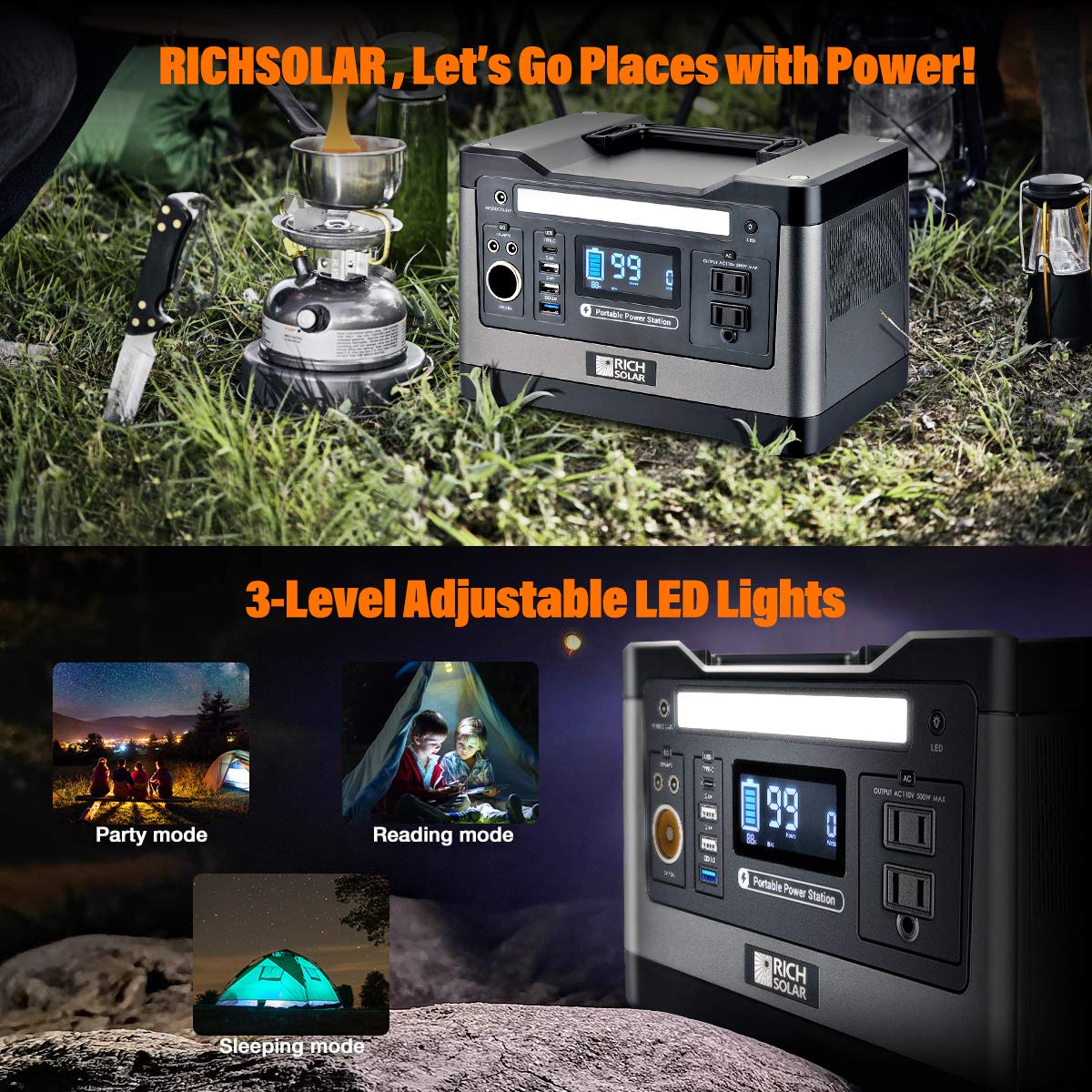 RICH SOLAR X500 Lithium Portable Power Station 540Wh Rechargeable Solar Generator Battery Backup Power for Camping Outdoors RV Emergency