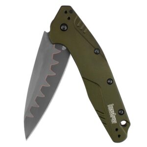 kershaw dividend pocketknife, olive, 3" cpm d2 and bohler n690 composite drop pointblade, assisted flipper opening