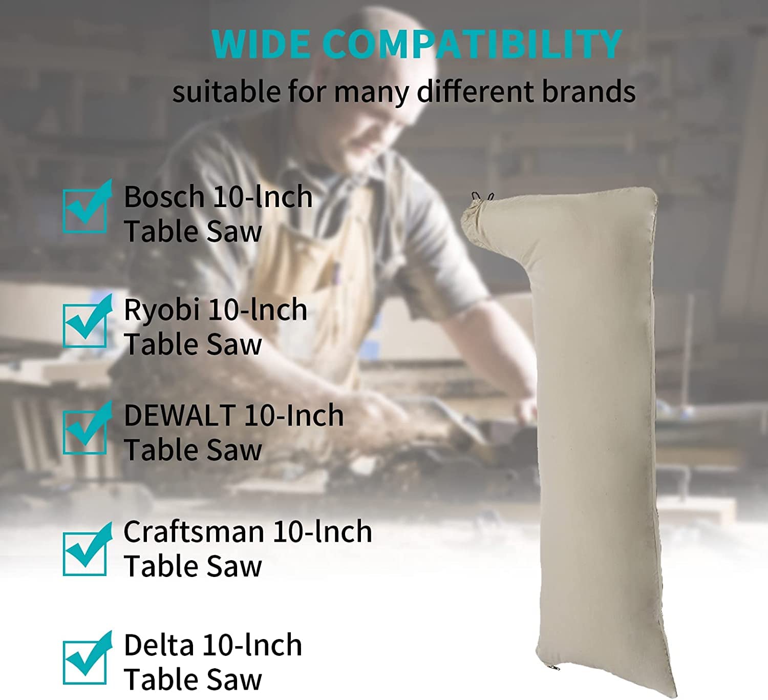 Table Saw Dust Collector Bag compatible with Bosch/Dewalt/Makita/Ryobi/Craftsman/Porter Cable/RIGID/Metabo/Kobalt/Skilsaw/Delta/ 10" Tablesaws with 2.5" Dust Port