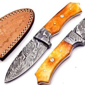 nooraki sk-reg 44 custom handmade damascus steel knife, hunting knife, camping knife, survival knife, coloured bone handle, full tang with leather sheath