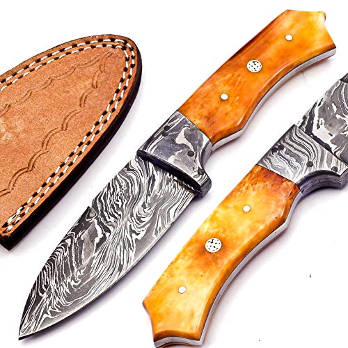 Nooraki SK-REG 44 Custom Handmade Damascus Steel Knife, Hunting knife, Camping knife, Survival Knife, Coloured Bone Handle, Full Tang with Leather Sheath