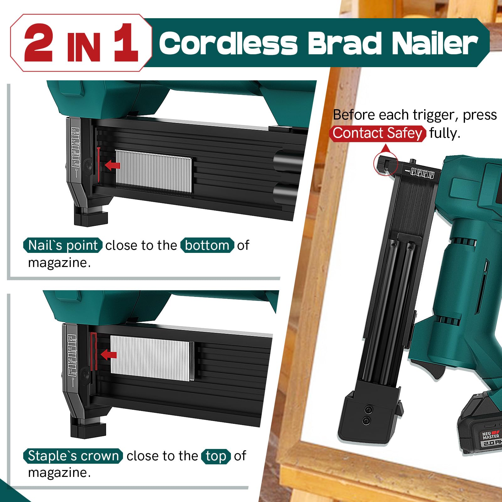 Cordless Nail Gun Battery Powered, NEU MASTER Battery Brad Nailer/Staple Gun NTC0023, 20V Max. 2.0Ah Battery and Charger Included for Upholstery, Woodworking and Carpentry