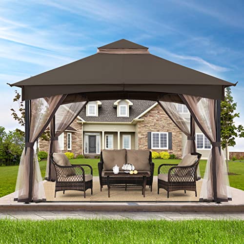 MASTERCANOPY Tool Free Patio Gazebo Screw Free Easy Installation Outdoor Garden Gazebo with Netting Walls (11x11,Dark Brown)