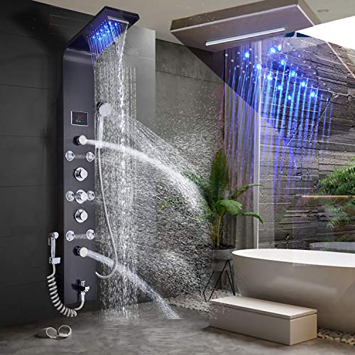 FUZ Shower wall Panel Tower System,7-Function Shower System Set Rainfall Waterfall LED Shower Head+Handheld Sprayer+Massage Body Jets+Tub Spout+Bidet Tap,Oil Rubbed Bronze