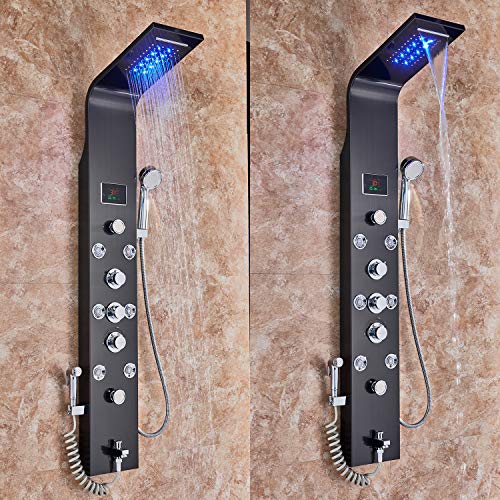 FUZ Shower wall Panel Tower System,7-Function Shower System Set Rainfall Waterfall LED Shower Head+Handheld Sprayer+Massage Body Jets+Tub Spout+Bidet Tap,Oil Rubbed Bronze