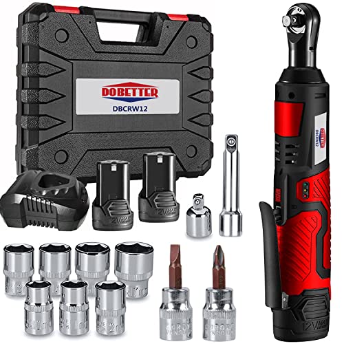 Dobetter Cordless Ratchet Wrench 3/8 Electric Ratchet Wrench Set, 55 N·m Power Ratchet Tool with (2) 2 Ah Lithium Batteries, 7 Sockets, 2 Screwdrivers, 1 Extender, 1/4 Adapter, Quick Charger -DBCRW12