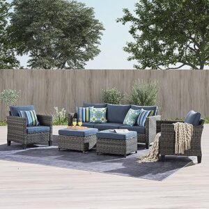 ovios 5 Piece Patio Furniture, Outdoor Furniture Sets, Modern Wicker Patio Furniture Sectional and 2 Pillows, All Weather Garden Patio Sofa, Backyard, Steel (Denim Blue)