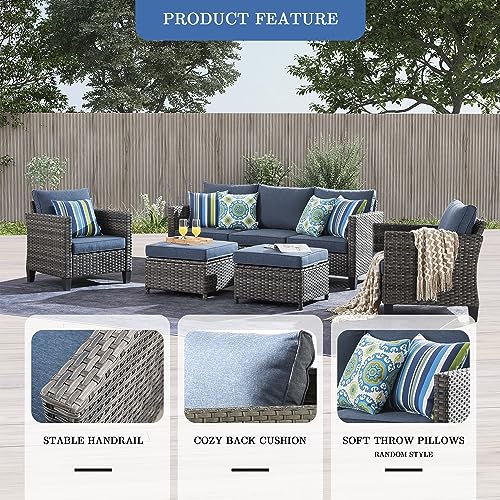 ovios 5 Piece Patio Furniture, Outdoor Furniture Sets, Modern Wicker Patio Furniture Sectional and 2 Pillows, All Weather Garden Patio Sofa, Backyard, Steel (Denim Blue)