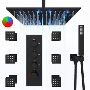 luxury black multi shower head system, homedec 16inch led full rain shower system with body jets, rainfall thermostatic shower large flow, can use all functions at a time