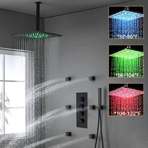 Luxury Black Multi Shower Head System, HOMEDEC 16inch LED Full Rain Shower System with Body Jets, Rainfall Thermostatic Shower Large Flow, Can Use All Functions at A Time