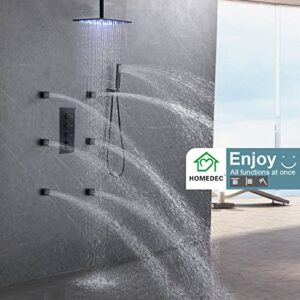 Luxury Black Multi Shower Head System, HOMEDEC 16inch LED Full Rain Shower System with Body Jets, Rainfall Thermostatic Shower Large Flow, Can Use All Functions at A Time