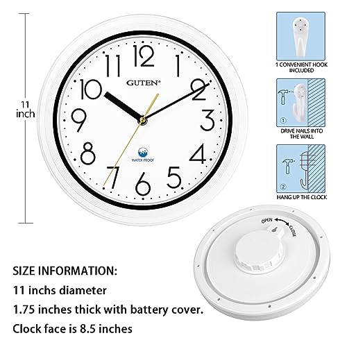 Caysie 11 Inch Indoor Outdoor Waterproof Wall Clock, Silent Non-Ticking Battery Operated Quality Quartz Round Clock for Patio, Pool, Home Decor (White)