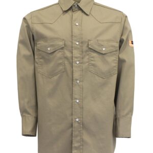 KONRECO FR Shirts for Men Long Sleeve Flame Resistant Pearl Snaps Cotton Men's Welding Shirts Khaki- Size L