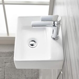 VASOYO Small Wall Mount Corner Bathroom Vessel Sink White Rectangle Porcelain Ceramic Above Counter Vessel Sink Single Faucet Hole Art Basin