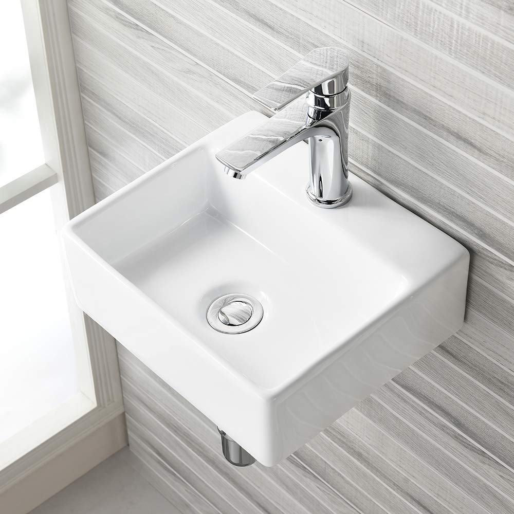 VASOYO Small Wall Mount Corner Bathroom Vessel Sink White Rectangle Porcelain Ceramic Above Counter Vessel Sink Single Faucet Hole Art Basin