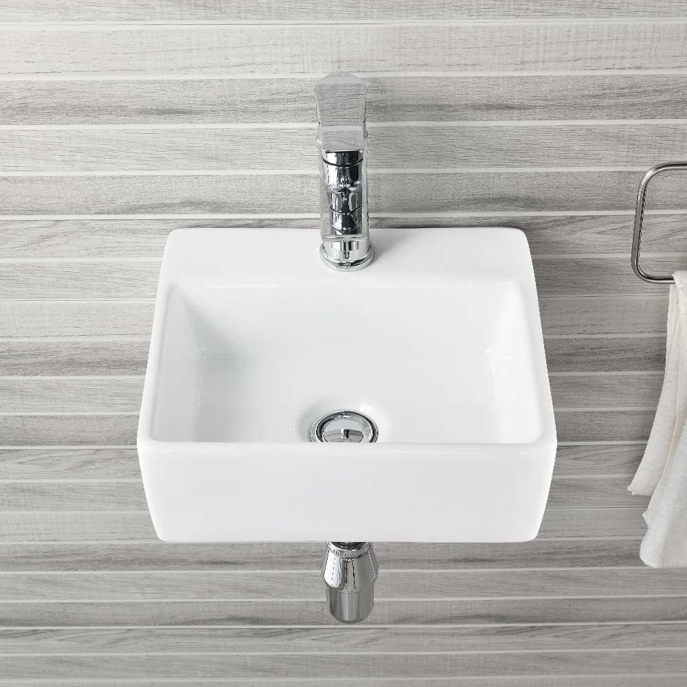 VASOYO Small Wall Mount Corner Bathroom Vessel Sink White Rectangle Porcelain Ceramic Above Counter Vessel Sink Single Faucet Hole Art Basin