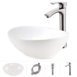 vokim oval white ceramic vessel sink and faucet combo -16" x 13" modern egg shape above counter bathroom vanity bowl,brushed nickel faucet matching pop up drain combo